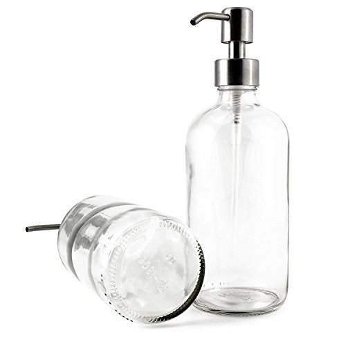 Cornucopia Brands 16-Ounce Clear Glass Boston Round Bottles Cornucopia Manufacturers 16-Ounce Clear Glass Boston Spherical Bottles w/Stainless Metal Pumps (2 Pack), Cleaning soap Dispenser Nice for Important Oils, Lotions, Liquid Soaps.