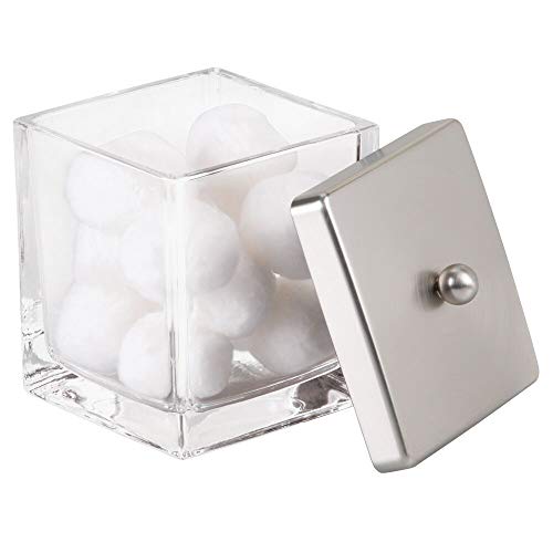 mDesign Modern Glass Square, Bathroom Vanity Countertop mDesign Fashionable Glass Sq. Lavatory Vainness Countertop Storage Organizer Canister Jar for Cotton Swabs, Rounds, Balls, Make-up Sponges, Bathtub Salts - 2 Pack - Clear/Brushed