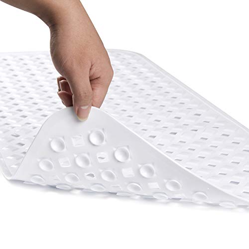 WELTRXE Bathtub and Shower Mat Non Slip, 35 x 16 Inches Extra Long Bath Mats with Suction Cups, Drain Holes for Bathroom Tub, Machine Washable, BPA, Latex, Phthalate Free, Tub Mat - White