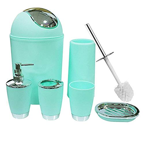 SOELAND 6 PiecesBathroom Accessories Set Plastic Luxury Bath Vanity Countertop Accessories Sets, Toothbrush Holder,Toothbrush Cup,Soap Dispenser,Soap Dish,Toilet Brush Holder,Trash Can (Mint Green)