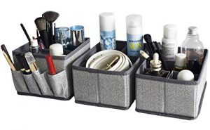 Cosmetic Storage Makeup Organizer, Adjustable Multifunction Storage Box Desk Drawer Divider for Makeup Brushes, Bathroom Countertop or Dresser, Set of 3-Herringbone pattern(Grey)