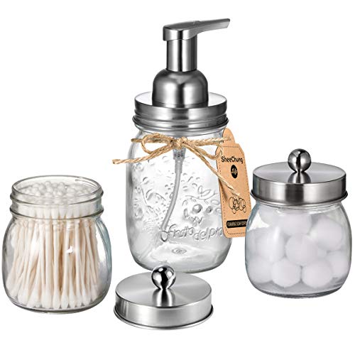 Mason Jar Bathroom Accessories Set - Includes Mason Jar Foaming Hand Soap Dispenser & Qtip Holder Set - Rustic Farmhouse Decor Apothecary Jars Bathroom Countertop and Vanity Organizer / Brushed Nickel