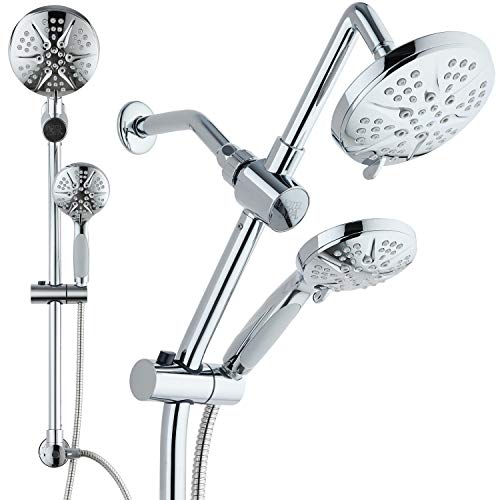 Spa Station 34" Adjustable Drill-Free Slide Bar with 48-setting Showerhead Combo & Height Extension Arm / 3-way Rain & Handheld Shower Head/Low Reach Diverter/Stainless Steel Hose/Chrome