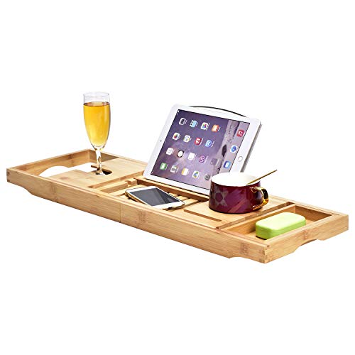 Luxury Bathtub Caddy Tray，Bamboo Bathtub Tray Caddy Luxurious Bathtub Caddy Tray，Bamboo Bathtub Tray Caddy - Wooden Bathtub Tray Expandable，Could be Positioned E-book and Built-in Pill Smartphone and Wine Holder - Present Concept for Liked Ones.