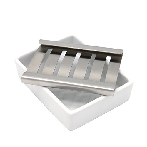 Lofekea Ceramic Soap Dish Stainless Steel Soap Holder Lofekea Ceramic Cleaning soap Dish Stainless Metal Cleaning soap Holder for Toilet and Bathe Double Layer Draining Cleaning soap Field.