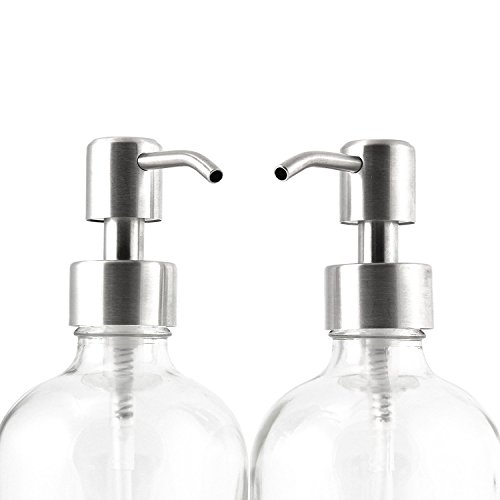 Cornucopia Brands 16-Ounce Clear Glass Boston Round Bottles Cornucopia Manufacturers 16-Ounce Clear Glass Boston Spherical Bottles w/Stainless Metal Pumps (2 Pack), Cleaning soap Dispenser Nice for Important Oils, Lotions, Liquid Soaps.