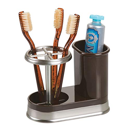mDesign Decorative Bathroom Dental Storage Organizer Holder Stand for Electric Spin Toothbrush/Toothpaste - Compact Design for Countertop and Vanity, Holds 4 Standard Brushes - Dark Brown/Brushed