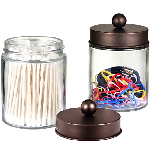 Apothecary Jars Bathroom Storage Organizer Apothecary Jars Rest room Storage Organizer - Cute Qtip Dispenser Holder Vainness Canister Jar Glass with Lid for Cotton Swabs,Rounds,Bathtub Salts,Make-up Sponges,Hair Equipment/Bronze (2 Pack).