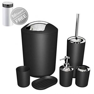 Bathroom Set 6 Pieces Plastic Bathroom Accessories Set Ensemble Set Toothbrush Holder,Toothbrush Cup,Soap Dish,Lotion Dispenser,Toilet Brush with Holder,Trash Can with Drawstring Garbage Bags (Black)