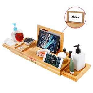 Fox Flower Bath Tray for Tub, Adjustable Bathtub Tray with Extending Side，Bathtub Caddy with Mirror, Book Tablet, Wineglass Holder and Towel Holder, Bamboo