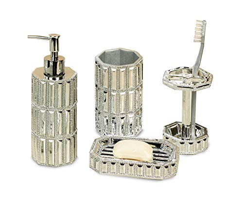 nu steel Chrome Resin Bath Accessory Set for Vanity Countertops nu metal Chrome Resin Bathtub Accent Set for Self-importance Counter tops, 4 Piece Luxurious Ensemble Consists of Dish, Toothbrush Holder, Tumbler, cleaning soap and Lotion Pump.