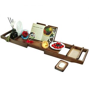IFELES Bamboo Bathtub Caddy Tray [Durable, Non-Slip], One or Two Person Bath and Bed Tray, Extending Sides Fits Any Tub, Cellphone iPad and Wineglass Holder, Free Soap Holder （Brown Color）