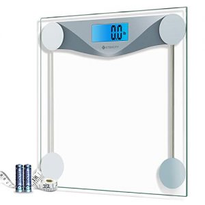 Etekcity Digital Body Weight Bathroom Scale with Body Tape Measure, Large Blue LCD Backlight Display, High Precision Measurements,6mm Tempered Glass, 400 Pounds