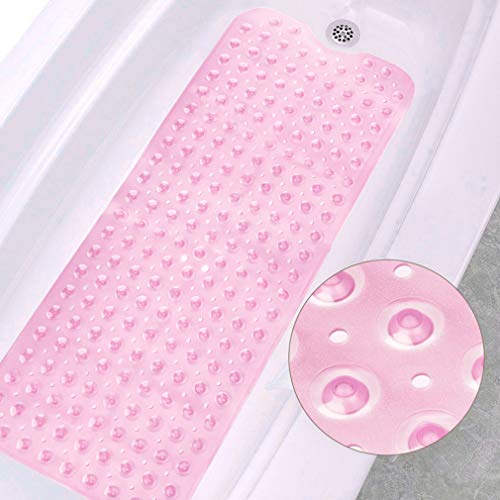 VANZAVANZU Bathtub Mats, 39 x 16 Inch Extra Long Non-Slip Bath Shower Tub Mat, Machine Washable Safe Clean Bathroom Mats with Drain Holes and Suction Cups for Bathroom Accessories (Pink)