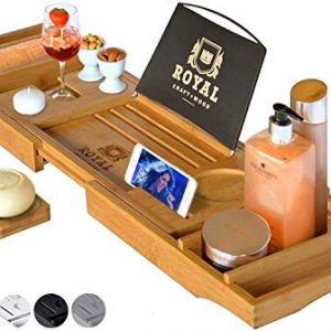 ROYAL CRAFT WOOD Luxury Bathtub Caddy Tray, One or Two Person Bath and Bed Tray, Bonus Free Soap Holder (Natural Bamboo Color) (Natural)