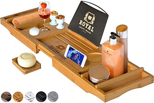 ROYAL CRAFT WOOD Luxury Bathtub Caddy Tray, One or Two Person Bath and Bed Tray, Bonus Free Soap Holder (Natural Bamboo Color) (Natural)