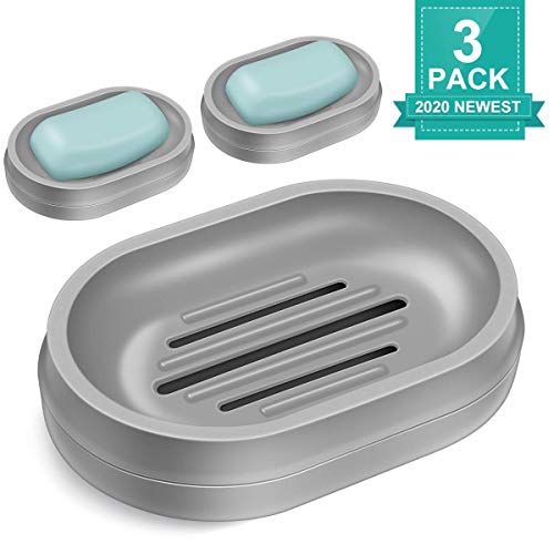 Homemaxs Soap Dish, 3 Pack Soap Holders 2020 Upgraded Soap Bar Holder with Grooves & Drainage Design Dual-Layer Premium Plastic Soap Dish for Shower Bathroom Washroom Kitchen (Grey)