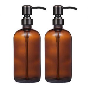 CHBKT 2 Pack Thick Amber Glass Boston Round Bottles/Oil Rubbed Bronze Stainless Steel Pumps, 16 Ounce Jar Soap Dispenser with Rustproof Pump for Essential Oil, Liquid Soap