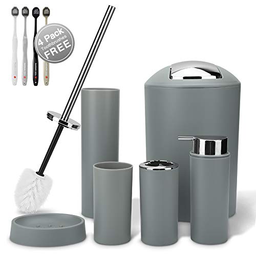 Ohok Bathroom Accessories,6 Pcs Bathroom Accessories Set Includes Toothbrush,Soap Dispenser,Trash Can,Tumbler Cup,Toilet Brush and Holder,Toothbrushes Gift (Gray)