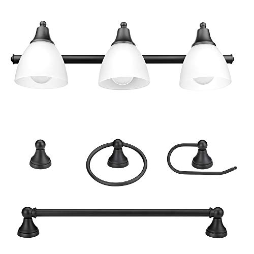 Globe Electric 51227 Jayden 5-Piece All-In-One Bathroom Set, Oil Rubbed Bronze, 3-Light Vanity Light with Frosted Glass Shades, Towel Bar, Toilet Paper Holder, Towel Ring, Robe Hook