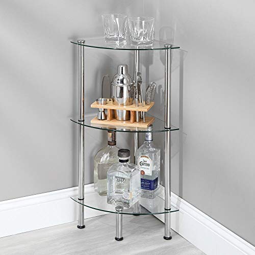 mDesign Bathroom Floor Storage Corner Tower mDesign Lavatory Ground Storage Nook Tower, 3 Tier Open Glass Cabinets - Compact Shelving Show Unit - Multi-Use House Organizer for Tub, Workplace, Bed room, Residing Room - Clear/Chrome Steel.