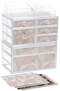 Sorbus Cosmetics Makeup and Jewelry Storage Case Organizer Display Set – Large 3-Piece Stackable Interlocking Drawers Custom Makeup Station – Includes Pink, Gray, Snakeskin, Geometric Print Inserts