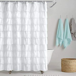 Reisen White Shower-Curtain Farmhouse Ruffle Fabric for Bathroom Sheer Cloth Shower Curtains 72 in Long