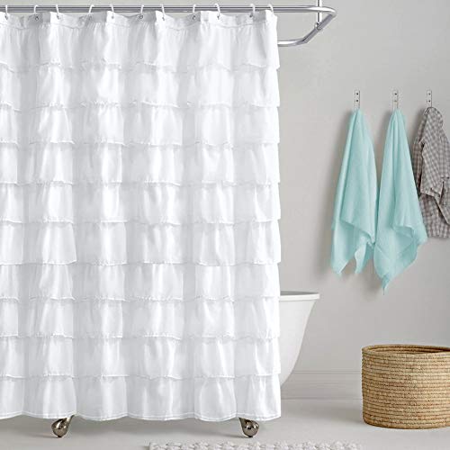 Reisen White Shower-Curtain Farmhouse Ruffle Fabric for Bathroom Sheer Cloth Shower Curtains 72 in Long