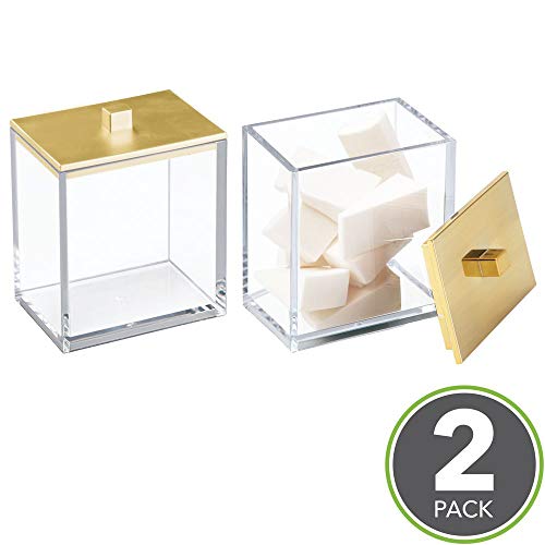 mDesign Modern Square Bathroom Vanity Countertop Storage mDesign Trendy Sq. Rest room Self-importance Countertop Storage Organizer Canister Jar for Cotton Swabs, Rounds, Balls, Make-up Sponges, Bathtub Salts - 2 Pack - Clear/Gold.
