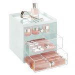 mDesign Plastic Makeup Organizer Storage Station Cube with 3 Drawers for Bathroom Vanity, Cabinet, Countertops - Holds Lip Gloss, Eyeshadow Palettes, Brushes, Blush, Mascara - Mint Green/Clear