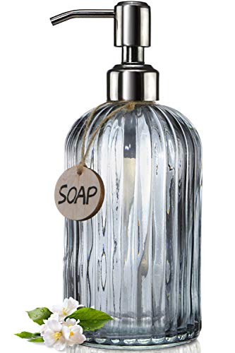 JASAI 18 Oz Vertical Stripes Kitchen Soap Dispenser with 304 Rust Proof Stainless Steel Pump, Refillable Liquid Soap Dispenser for Bathroom, Kitchen, Hand Soap, Dish Soap (Clear Grey)
