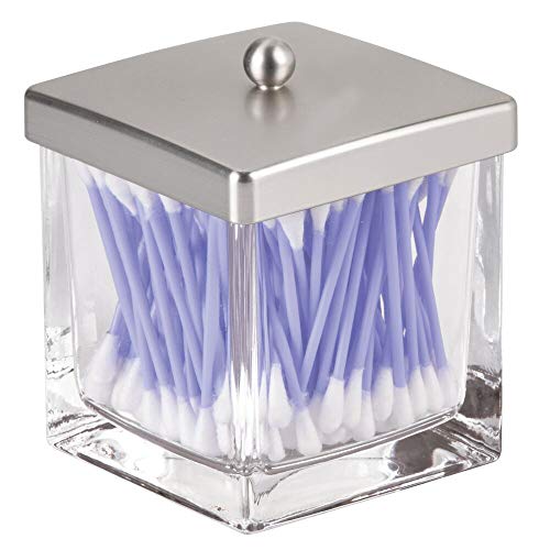 mDesign Modern Glass Square, Bathroom Vanity Countertop mDesign Fashionable Glass Sq. Lavatory Vainness Countertop Storage Organizer Canister Jar for Cotton Swabs, Rounds, Balls, Make-up Sponges, Bathtub Salts - 2 Pack - Clear/Brushed
