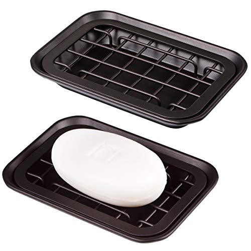 Kitchen and Bathroom Soap Dish Tray - Metal 2-Piece Soap Dish Tray with Drainage Grid and Holder for Kitchen Sink Countertops to Store Soap, Sponges, Scrubbers - Rust Resistant - 2 Pack (Bronze)