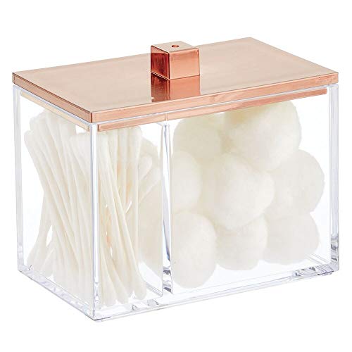 mDesign Modern Square Bathroom Vanity Countertop Storage Organizer Canister Jar for Cotton Swabs, Rounds, Balls, Makeup Sponges, Bath Salts - 2 Divided Sections - Clear/Rose Gold