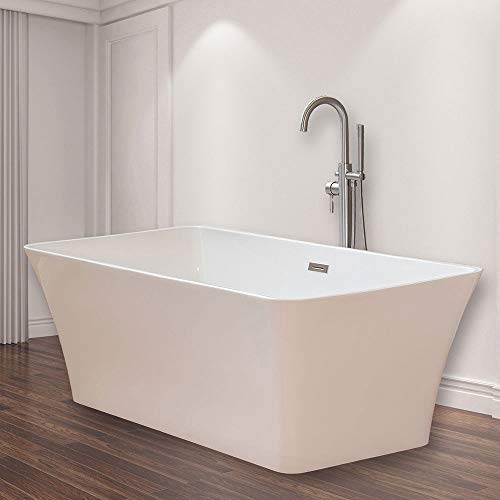 WOODBRIDGE B-0004 White 67" Acrylic Freestanding Bathtub Contemporary Soaking Tub with Brushed Nickel Overflow and Drain, BTS1609