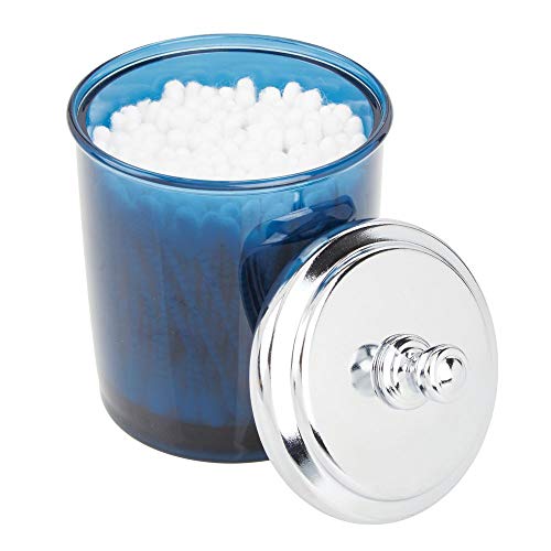 mDesign Bathroom Vanity Storage Organizer Apothecary Canister Jar for Cotton Balls, Swabs, Makeup Sponges, Bath Salts, Hair Ties, Jewelry - Dark Blue/Chrome Lid