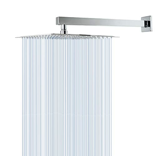 Rain Shower Head with Extension Arm, HarJue 12 Inch Square Shower Head with 16 Inch Shower Arm, Large Stainless Steel Rainfall Showerhead-Waterfall Full Body Coverage-Easy to Install with Teflon Tape