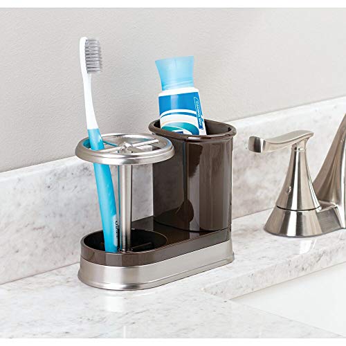 mDesign Decorative Bathroom Dental Storage Organizer Holder mDesign Ornamental Toilet Dental Storage Organizer Holder Stand for Electrical Spin Toothbrush/Toothpaste - Compact Design for Countertop and Self-importance, Holds 4 Commonplace Brushes - Darkish Brown/Brushed.
