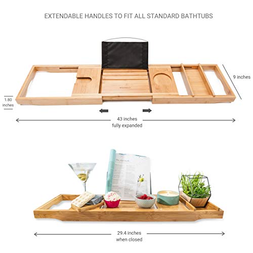 Bath Caddy Tray for Tub: Bamboo Bathtub Tray Caddy Expandable Bathtub Caddy Tray for Tub: Bamboo Bathtub Tray Caddy Expandable with Wine Glass Holder and Guide Stand. Luxurious Bubble Bathtub Equipment &amp; Spa Decor. Self Care Items for Girls, Birthday Present for Mother..