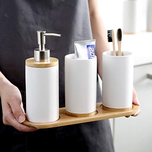 Moseason 4 Piece Ceramic Bathroom Accessories Set Moseason 4 Piece Ceramic Lavatory Equipment Set ，Consists of: Cleaning soap Dispenser Pump, Toothbrush Holder, Tumbler and Wood Tray. Model 2.0.