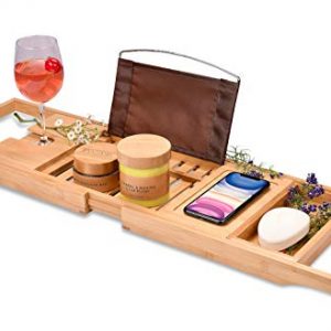 Bamboo Bathtub Tray - Perfect Expandable Bathtub Caddy with Reading Rack or Tablet Holder, This Premium Bath Tray Includes a Wine Glass Holder and a Bonus Soap Holder
