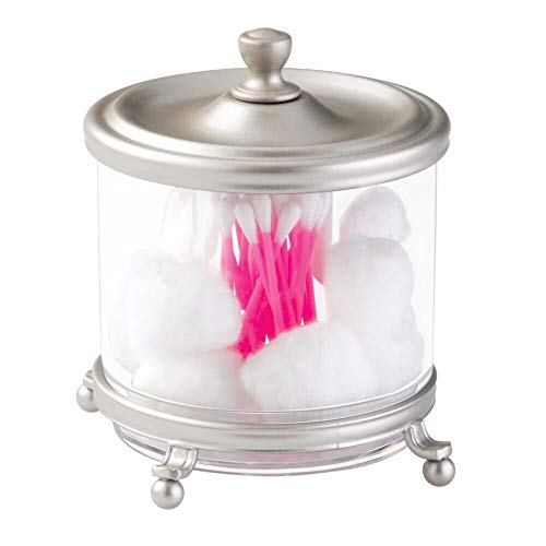 mDesign Round Bathroom Vanity Countertop Divided Storage Canister Plastic Jar with Metal Lid for Cotton Swabs, Rounds, Balls, Makeup Sponges, Blenders, Bath Salts - Clear/Satin
