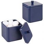 mDesign Metal Bathroom Vanity Countertop Storage Organizer Canister Apothecary Jar for Cotton Swabs, Rounds, Balls, Makeup Sponges, Blenders, Bath Salts - Square, 2 Pack - Navy Blue
