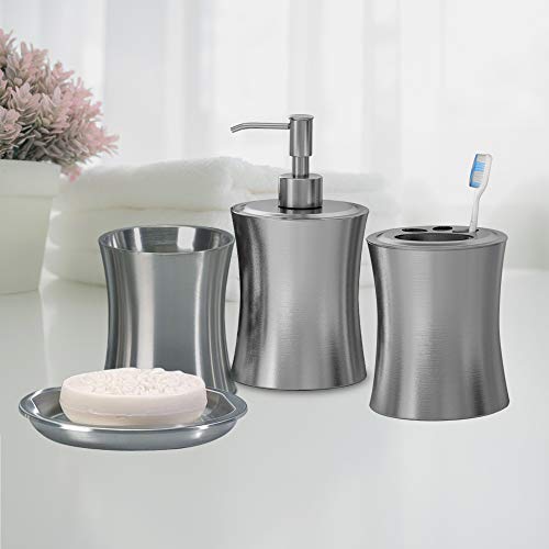 nu steel Elite Bath Accessory Set for Vanity Countertops nu metal Elite Tub Accent Set for Vainness Counter tops, 4 Piece Luxurious Ensemble Consists of Dish, Toothbrush Holder, Tumbler, cleaning soap and Lotion Pump, Brushed Stainless.
