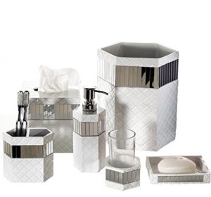 Creative Scents Quilted Mirror Bathroom Accessories Set, 6 Piece Bath Set Collection Features Soap Dispenser, Toothbrush Holder, Tumbler, Soap Dish, Tissue Cover, Wastebasket (White)