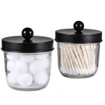 Mason Jar Bathroom Vanity Organizer - Farmhouse Decor Apothecary Jars Bathroom Accessories - Qtip Holder Dispenser Glass for Qtips,Cotton Swabs,Rounds,Flossers,Hair Band / 2-Pack (Black)
