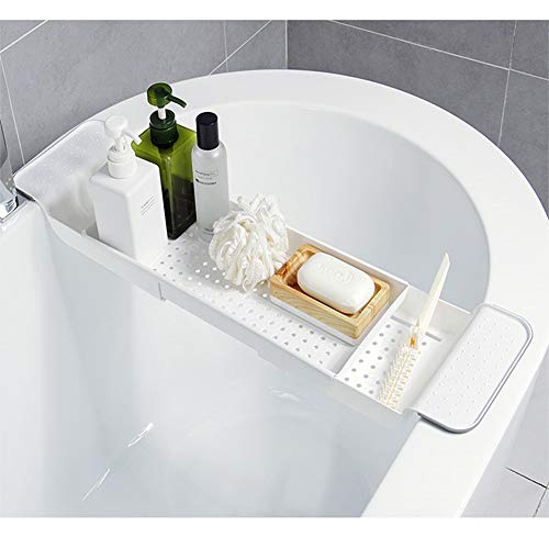 DALAIER Expandable Bathtub Tray,Adjustable Bathtub Caddy Tray and Organizer for Book/Wine/Phone,Washing Colander PP+TPR Material for Vegetable and Fruit (White)