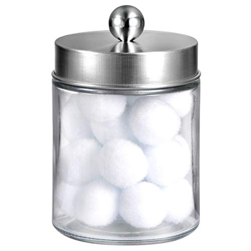 Apothecary Jars Bathroom Vanity Organizer -Countertop Canister Jar with Storage Lid - Qtip Dispenser Holder Glass for Qtips,Cotton Swabs,Makeup Sponges,Hair Band - Brushed Nickel (1 Pack)