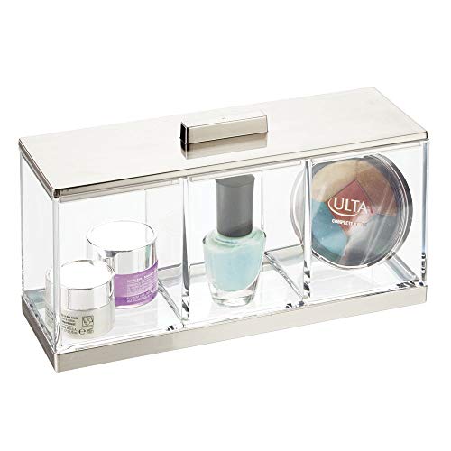 mDesign Plastic Makeup Organizer Storage Canister Box with 3 Sections and Lid for Bathroom Vanity Countertops - Holder for Cotton Balls, Swabs, Rounds, Lipstick - Clear/Brushed