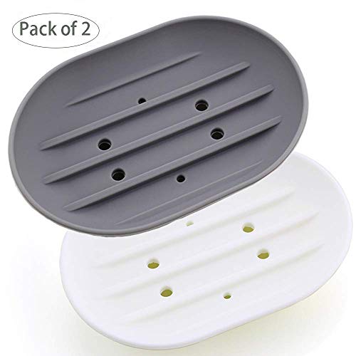 Bathroom Soap Dishes Dish Holder Stand Saver Tray Case for Shower-Silicone Rubber Drainer Dishes for Bar Soap Sponge Scrubber Bathroom Kitchen Sink-Dishwasher Safe-Drains Water,Extends Soap Life,Gray
